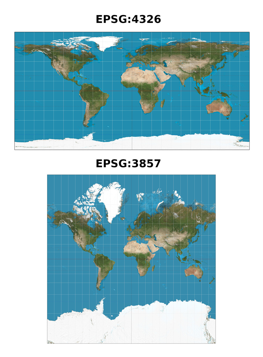 Source: https://upload.wikimedia.org/wikipedia/commons/8/83/Equirectangular_projection_SW.jpg and https://upload.wikimedia.org/wikipedia/commons/7/73/Mercator_projection_Square.JPG EPSG:4326 vs. EPSG:3857 Visualized