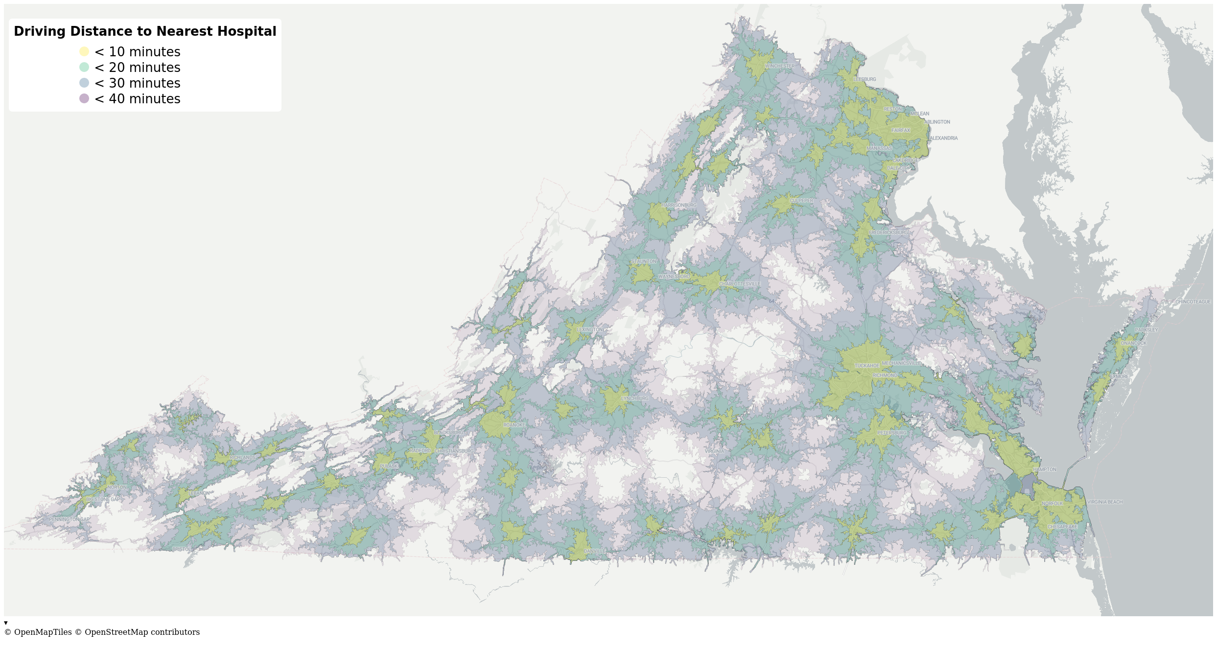 A map of Virginia showing the drive time to the nearest hospital.