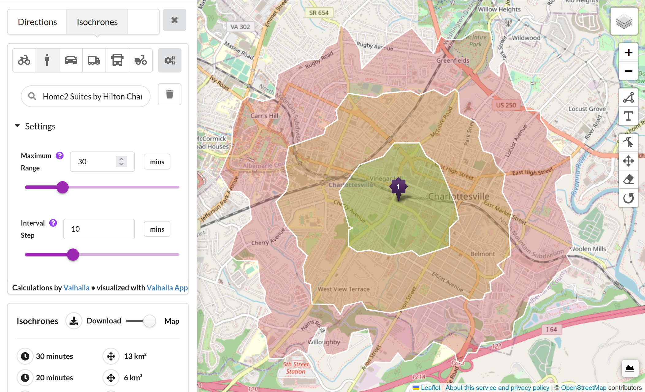 Pedestrian isochrone in Charlottesville