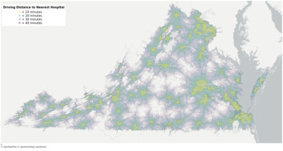 A map of Virginia showing driving distance to hospitals.