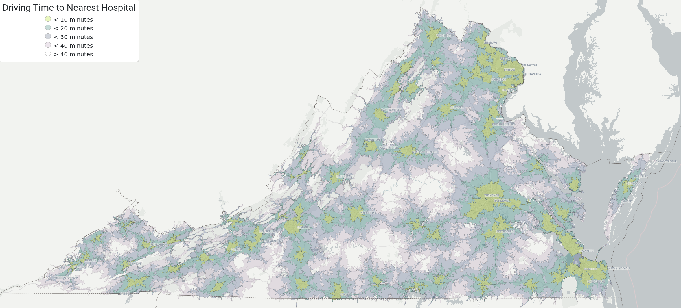 Isochrones Map of Two Hospitals in Central Virginia
